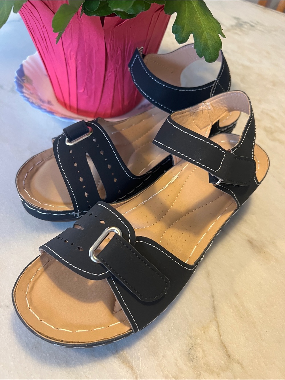 Women's Black Adjustable Comfort Sandals with Cushioned Insole